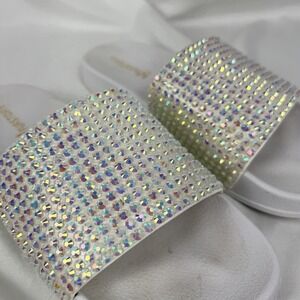 Rhinestone Slide Sandals Woman Size 8 Glitter White Sparkle Crystal Slip On‎